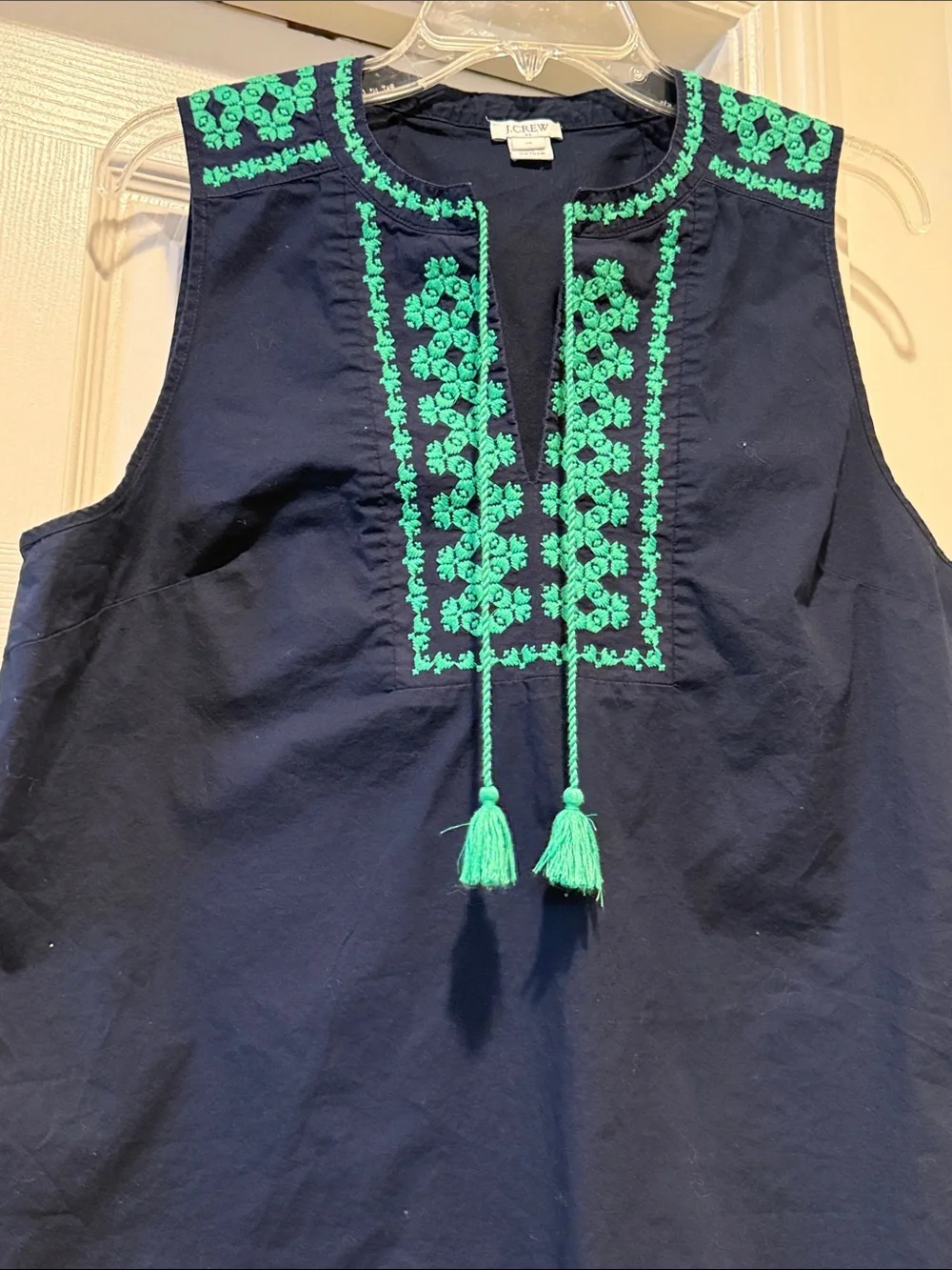 J. Crew Navy Tank Green Embroidered Front & Tassels Autumn Nautical Luncheon 10
